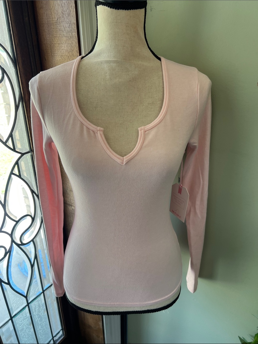 Slim Fit Long Sleeve Scoop Top in Light Pink